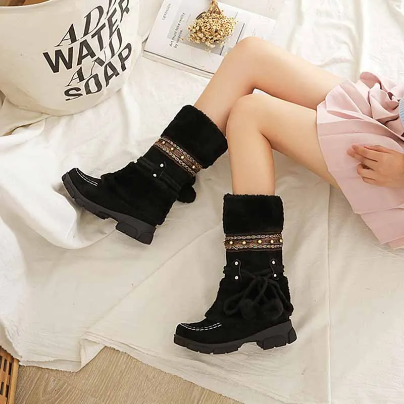 Women Low Heel Snow Boots Winter Warm Round Toe Plush Boots Lace Up Mid Boots