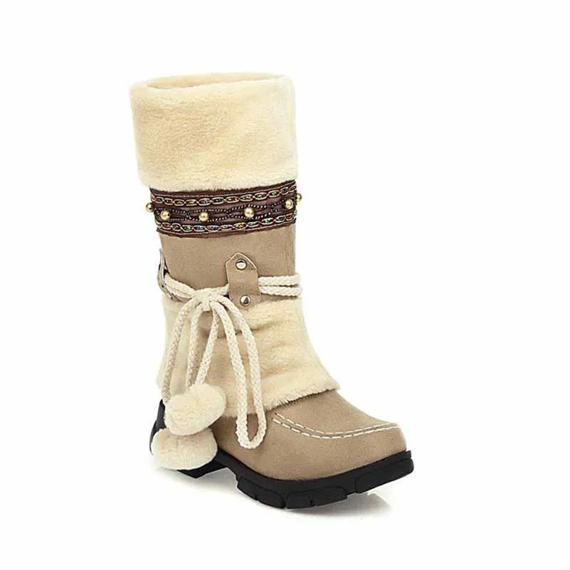 Women Low Heel Snow Boots Winter Warm Round Toe Plush Boots Lace Up Mid Boots