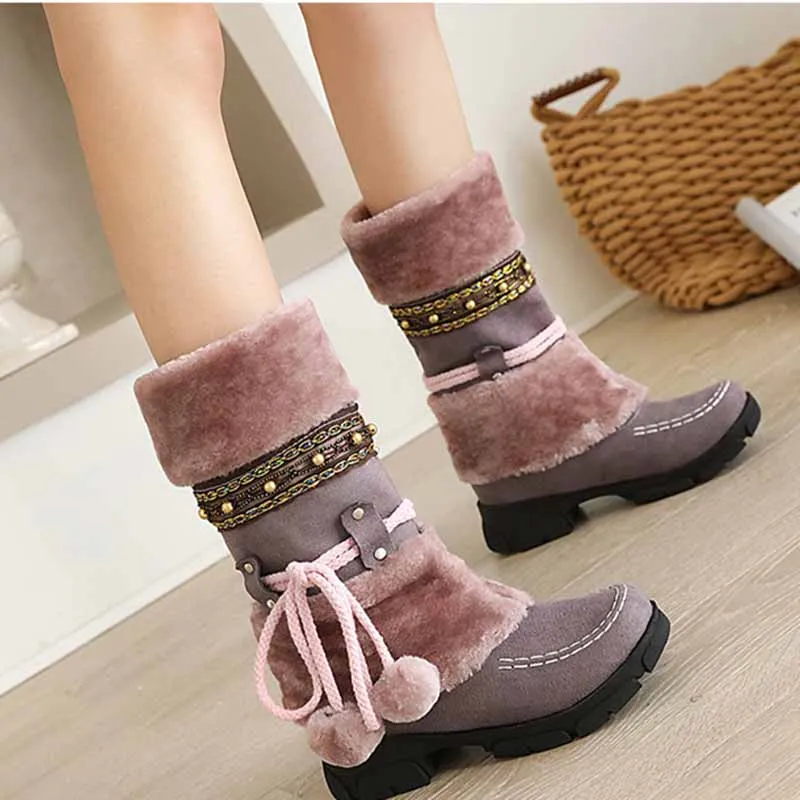 Women Low Heel Snow Boots Winter Warm Round Toe Plush Boots Lace Up Mid Boots