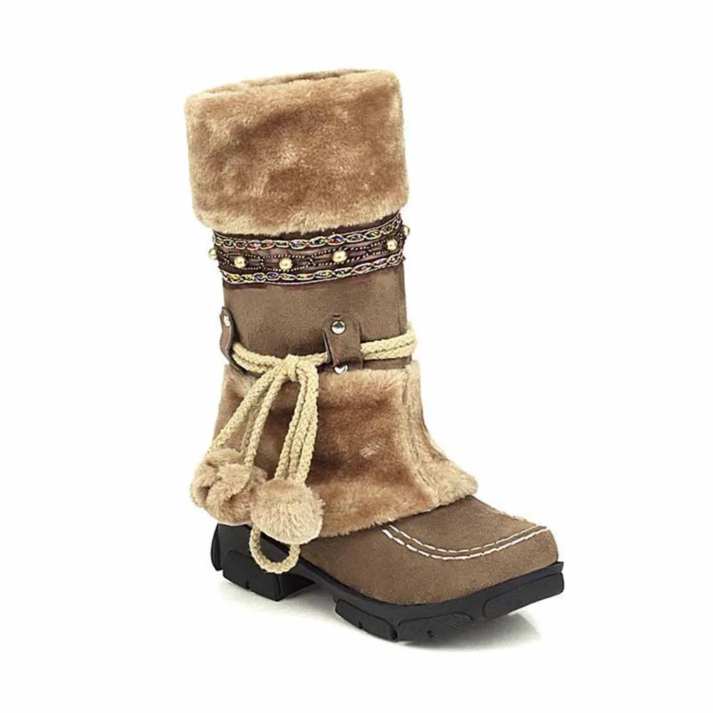 Women Low Heel Snow Boots Winter Warm Round Toe Plush Boots Lace Up Mid Boots