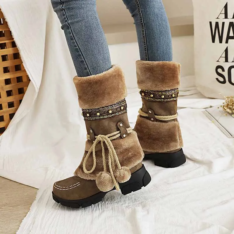 Women Low Heel Snow Boots Winter Warm Round Toe Plush Boots Lace Up Mid Boots