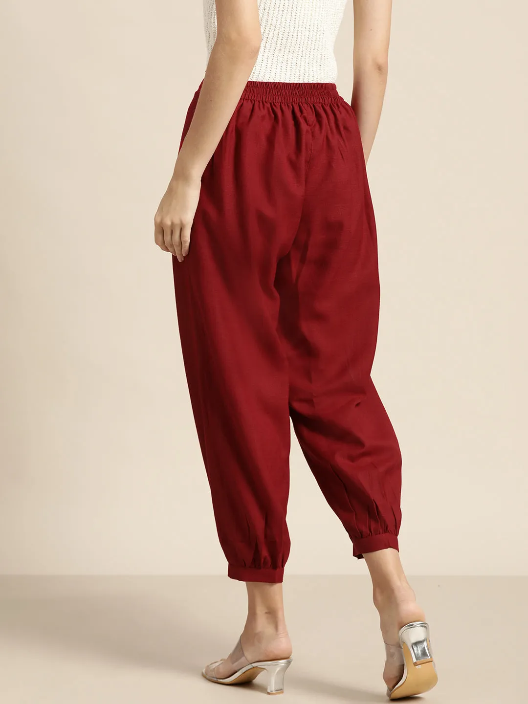 Women Maroon Cuffed Hem Pants