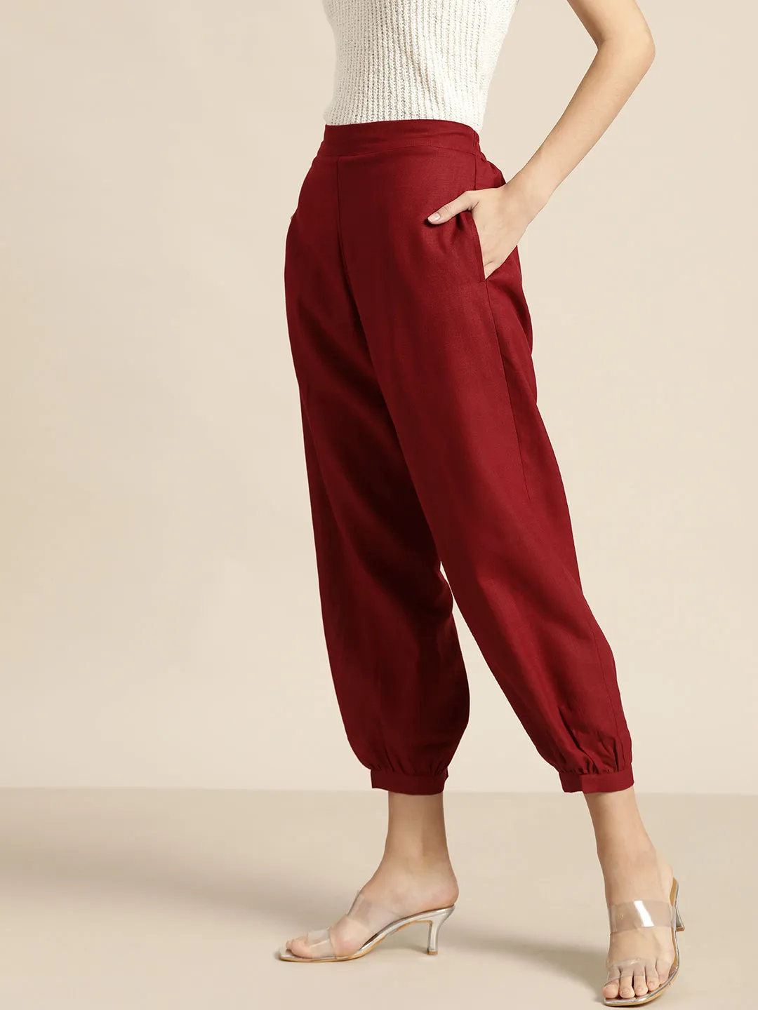 Women Maroon Cuffed Hem Pants