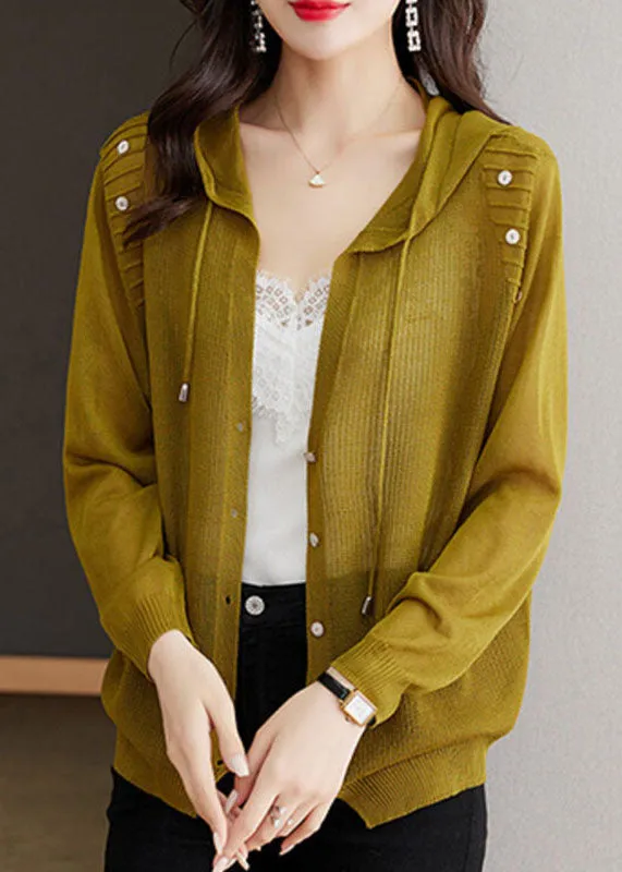 Women Matcha Colour Drawstring Solid Hooded Ice Size Knit Cardigans Long Sleeve