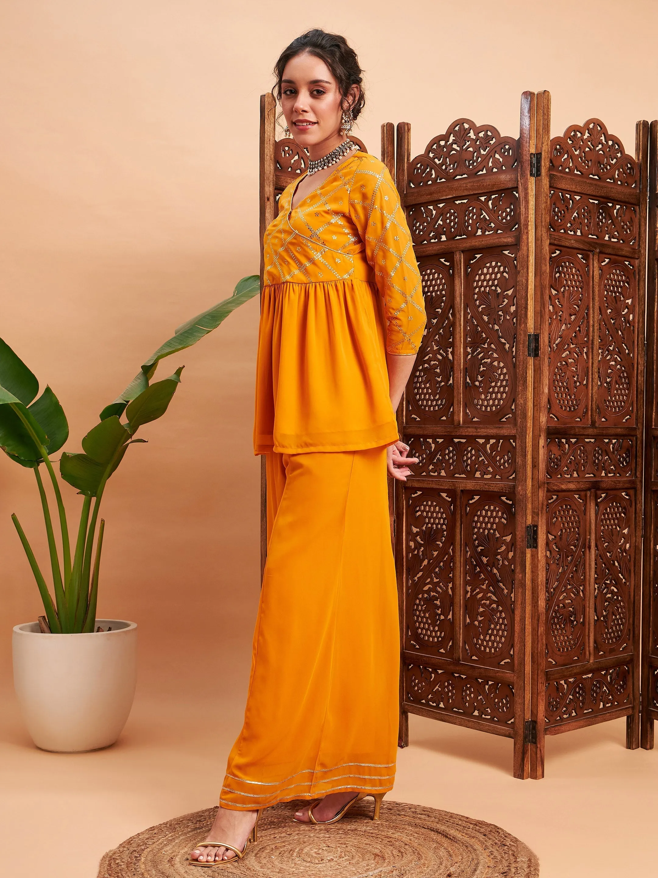 Women Mustard Mukaish Top With Sharara Pants