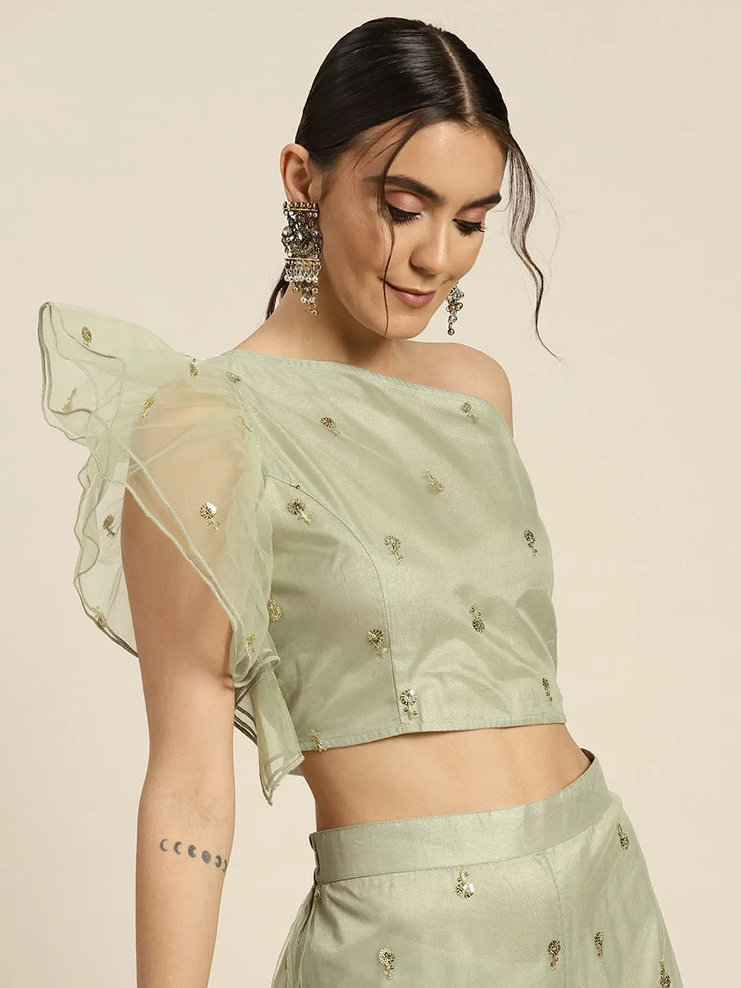 Women Olive Tulle Sequins One Shoulder Crop Top