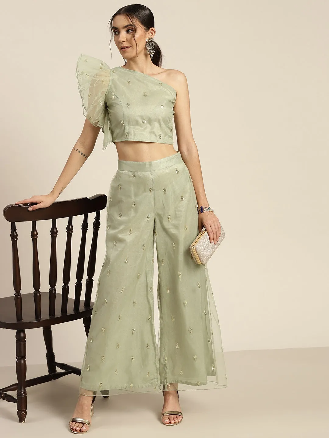 Women Olive Tulle Sequins One Shoulder Crop Top