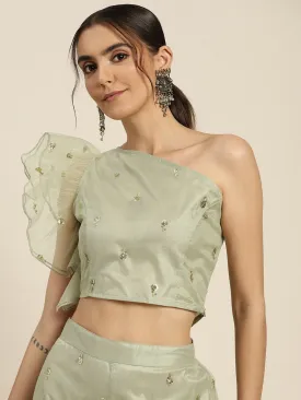 Women Olive Tulle Sequins One Shoulder Crop Top