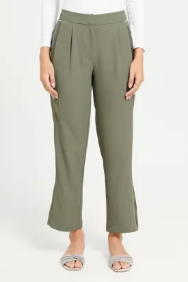 Women Olive Wide Leg Trousers With Satin Panel Details