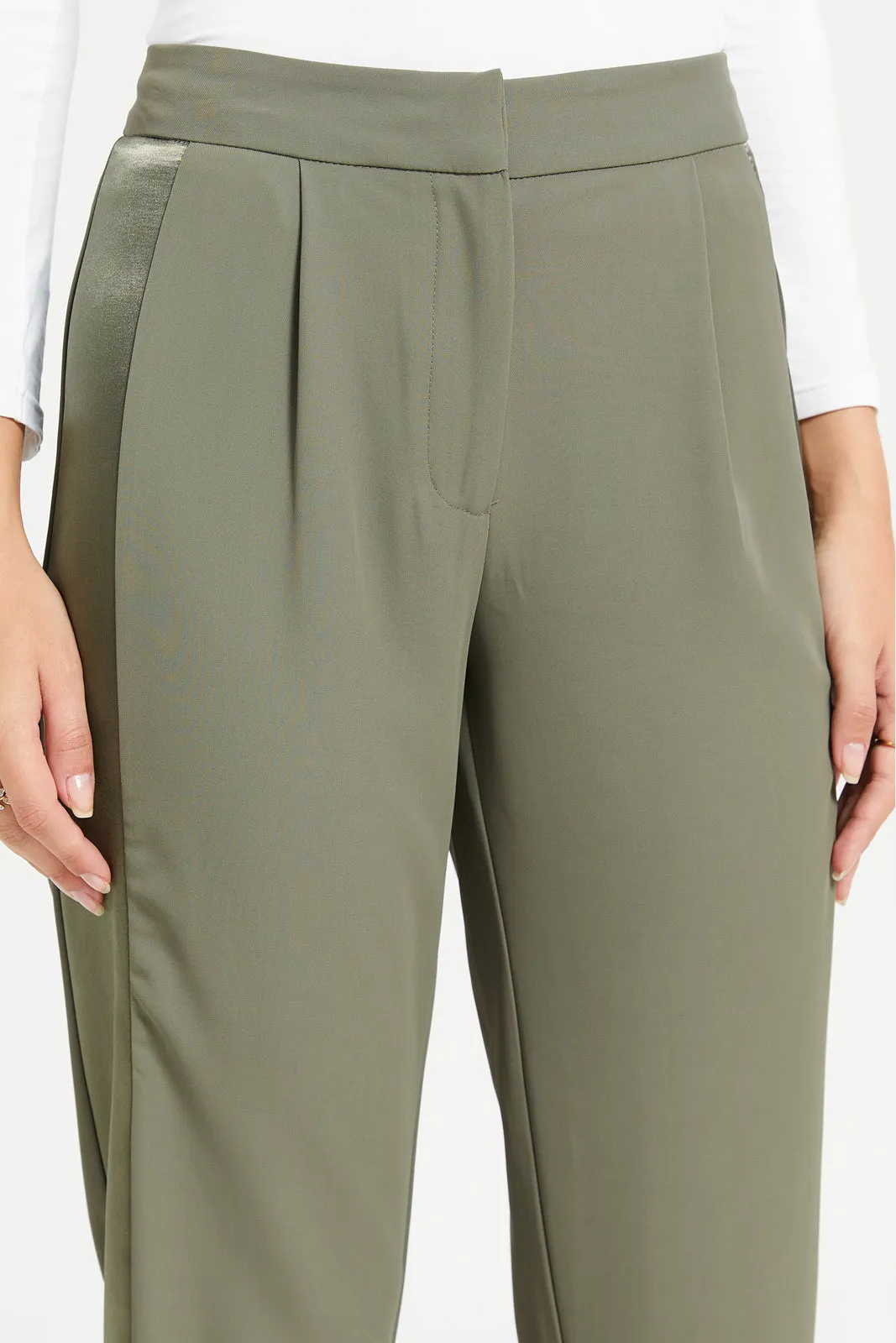 Women Olive Wide Leg Trousers With Satin Panel Details