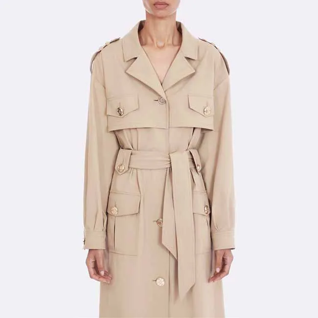 Women over-sized cotton-blend trench-coats belted twill wind coat