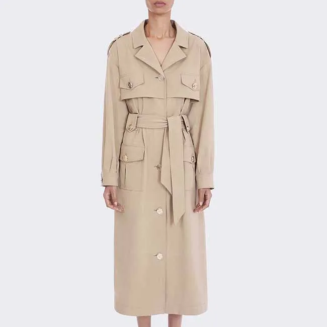 Women over-sized cotton-blend trench-coats belted twill wind coat