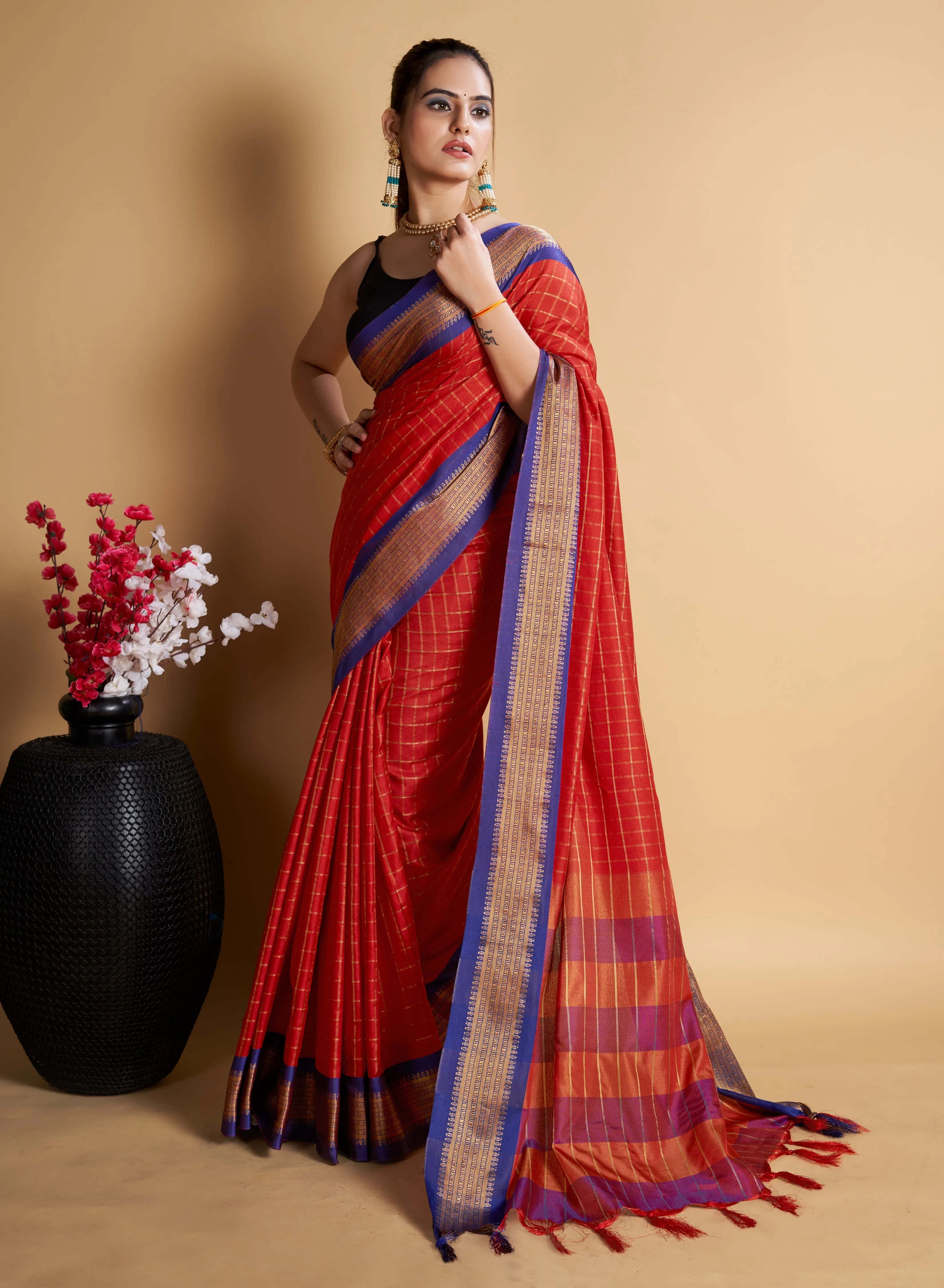 Women Party Wear Designer Red Color Chex Pattern Silk Blend Saree Collection