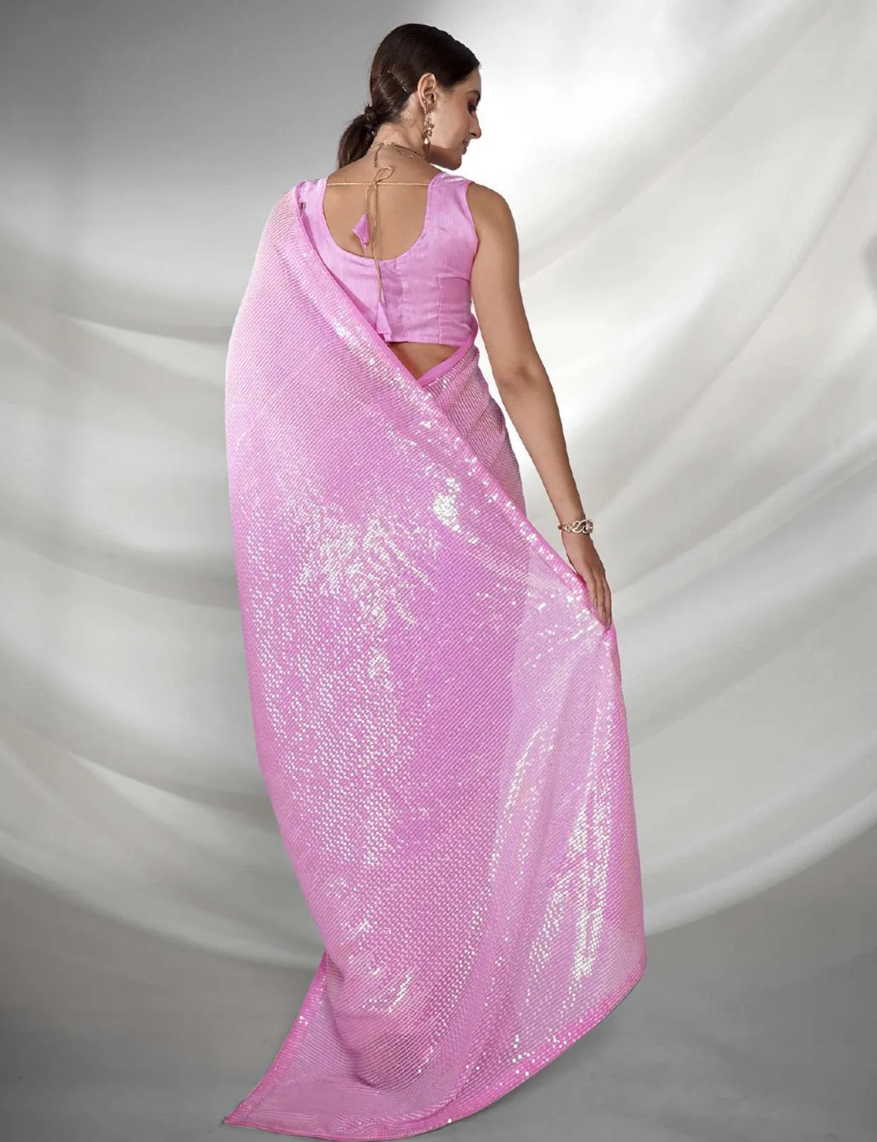 Women Party Wear Designer Sequence Worked Pink Colour Georgette Saree Collection