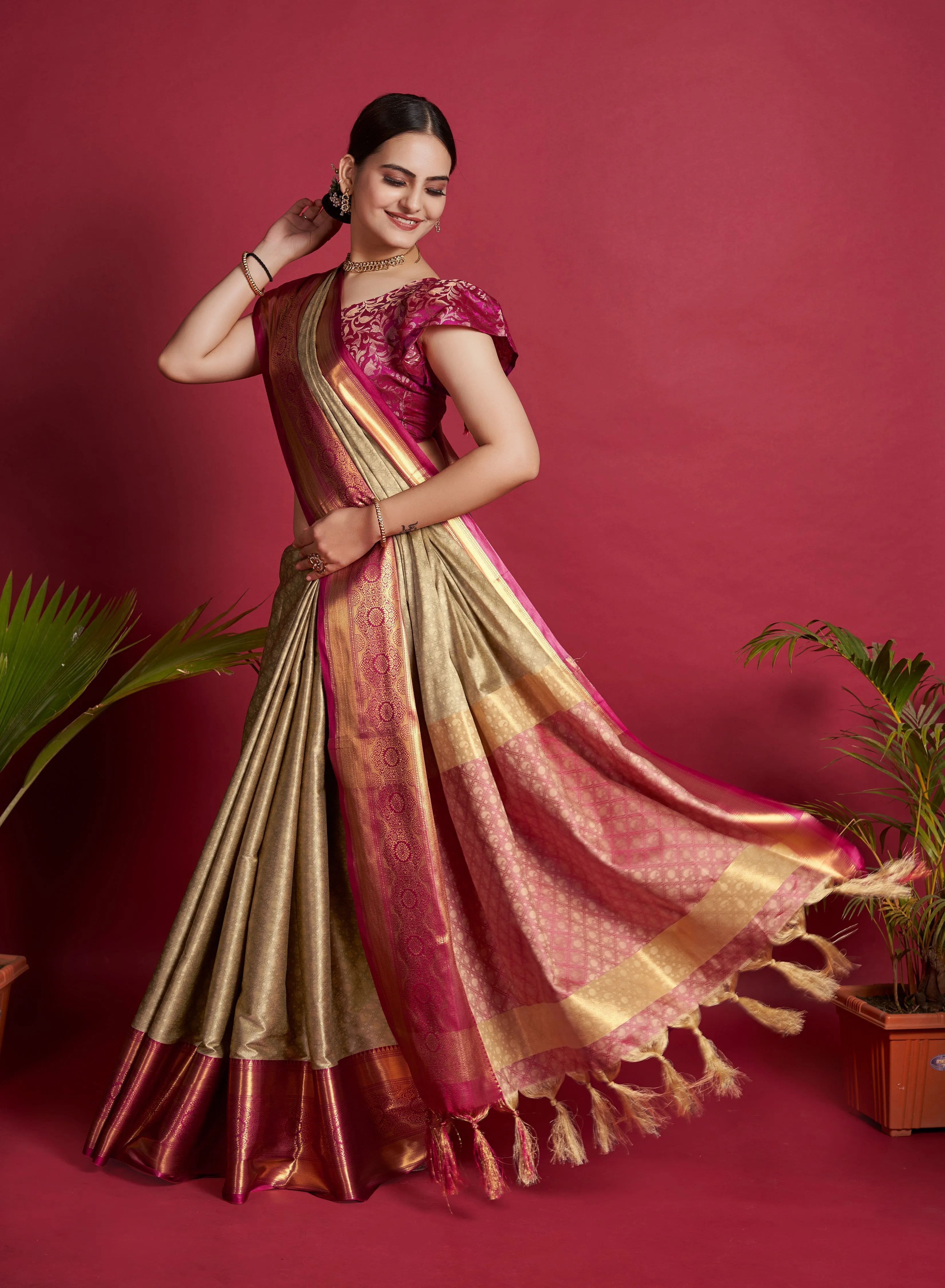 Women Party Wear Weaving Soft Silk Brown colour Saree with Un-Stitched Blouse