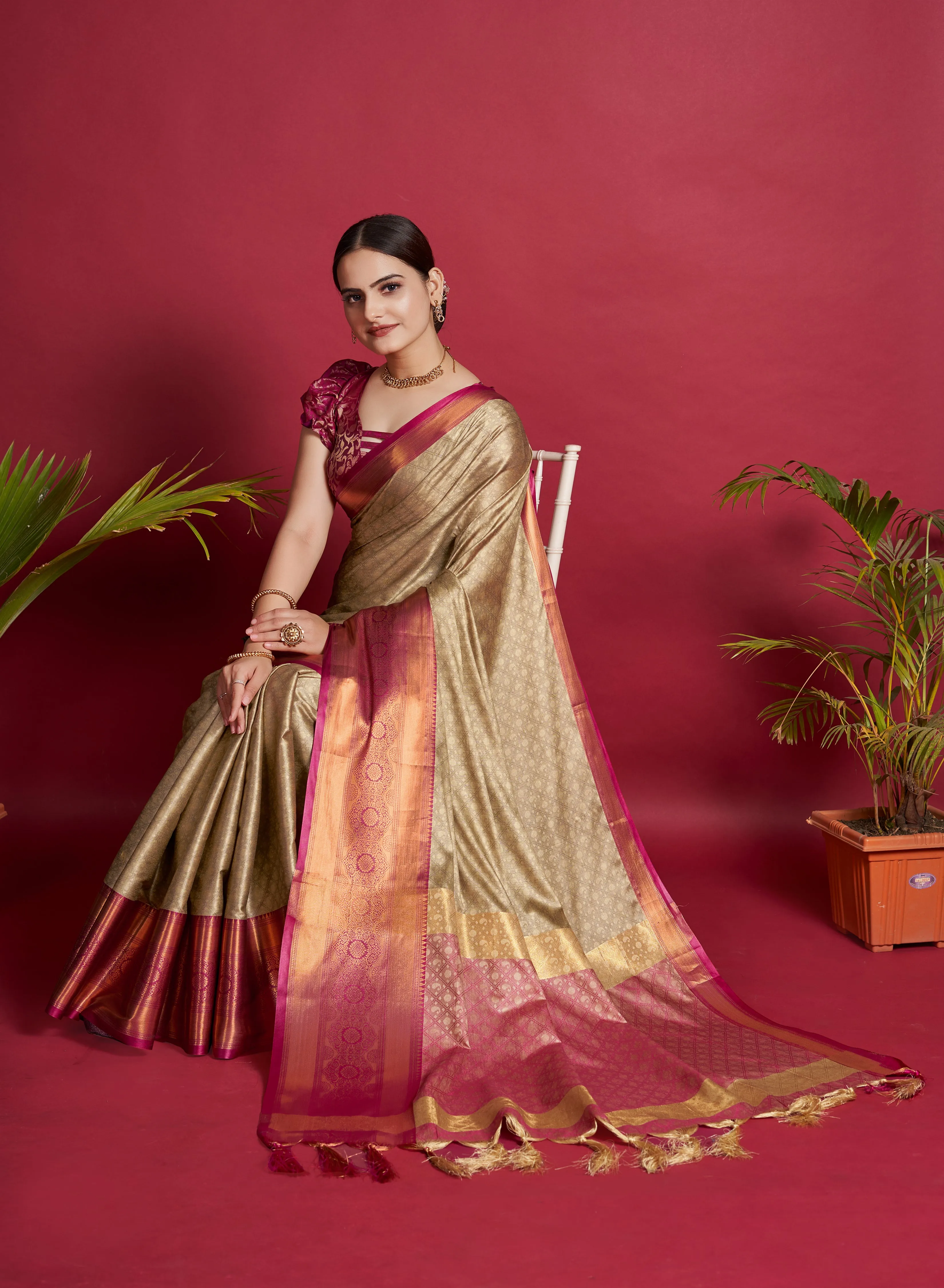 Women Party Wear Weaving Soft Silk Brown colour Saree with Un-Stitched Blouse