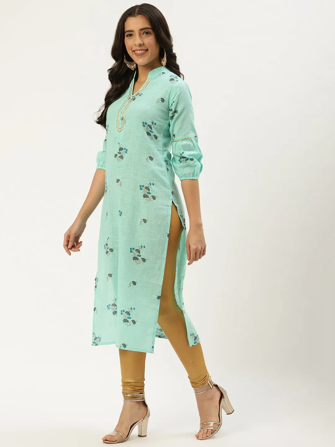 Women Pastel Green Calf Length Three-Quarter Sleeves Straight Floral Cotton Kurta