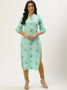 Women Pastel Green Calf Length Three-Quarter Sleeves Straight Floral Cotton Kurta