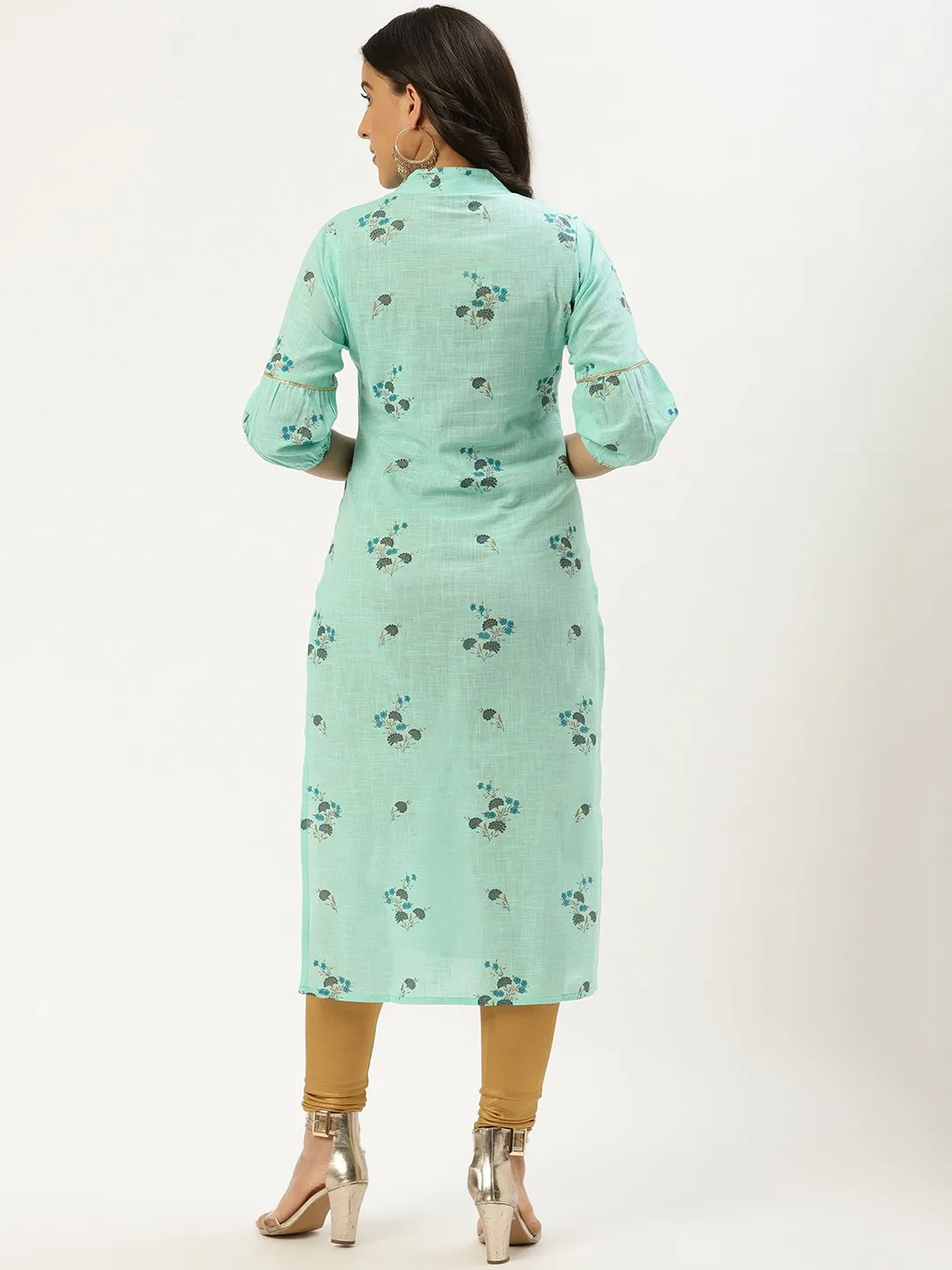 Women Pastel Green Calf Length Three-Quarter Sleeves Straight Floral Cotton Kurta