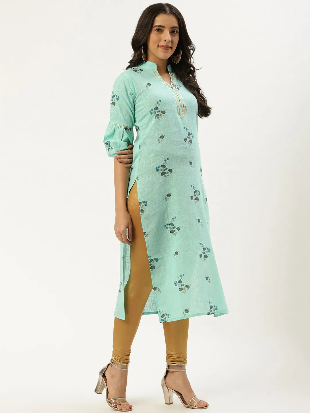 Women Pastel Green Calf Length Three-Quarter Sleeves Straight Floral Cotton Kurta