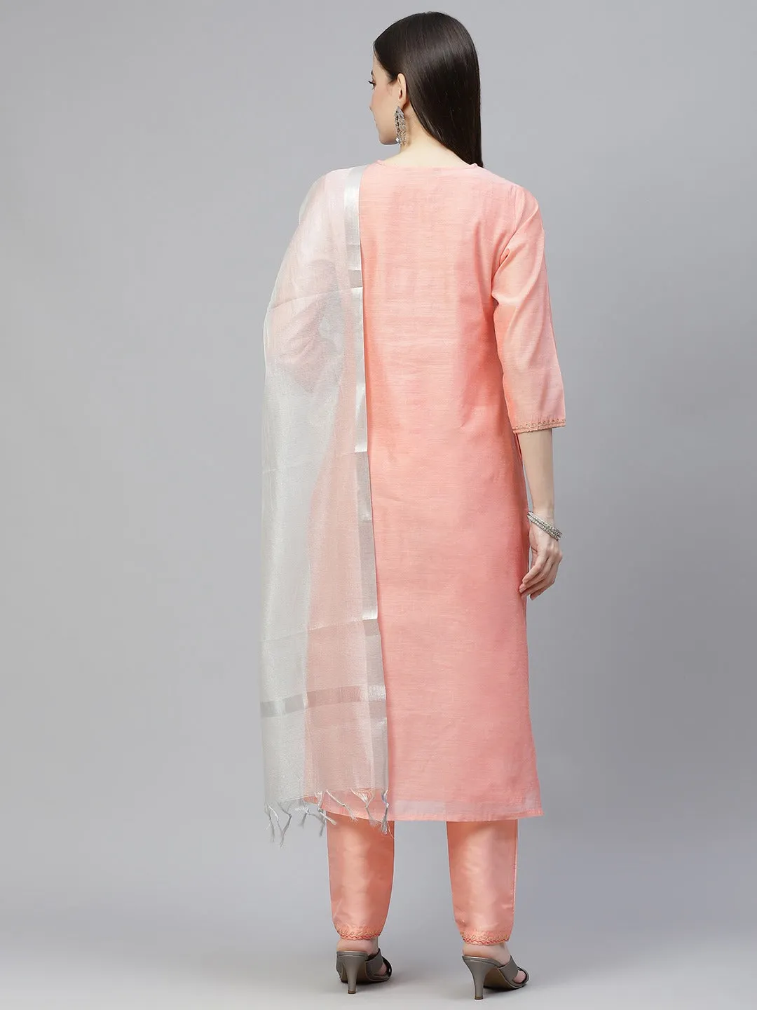 Women Peach-Coloured & Silver Yoke Design Kurta With Trousers & Dupatta