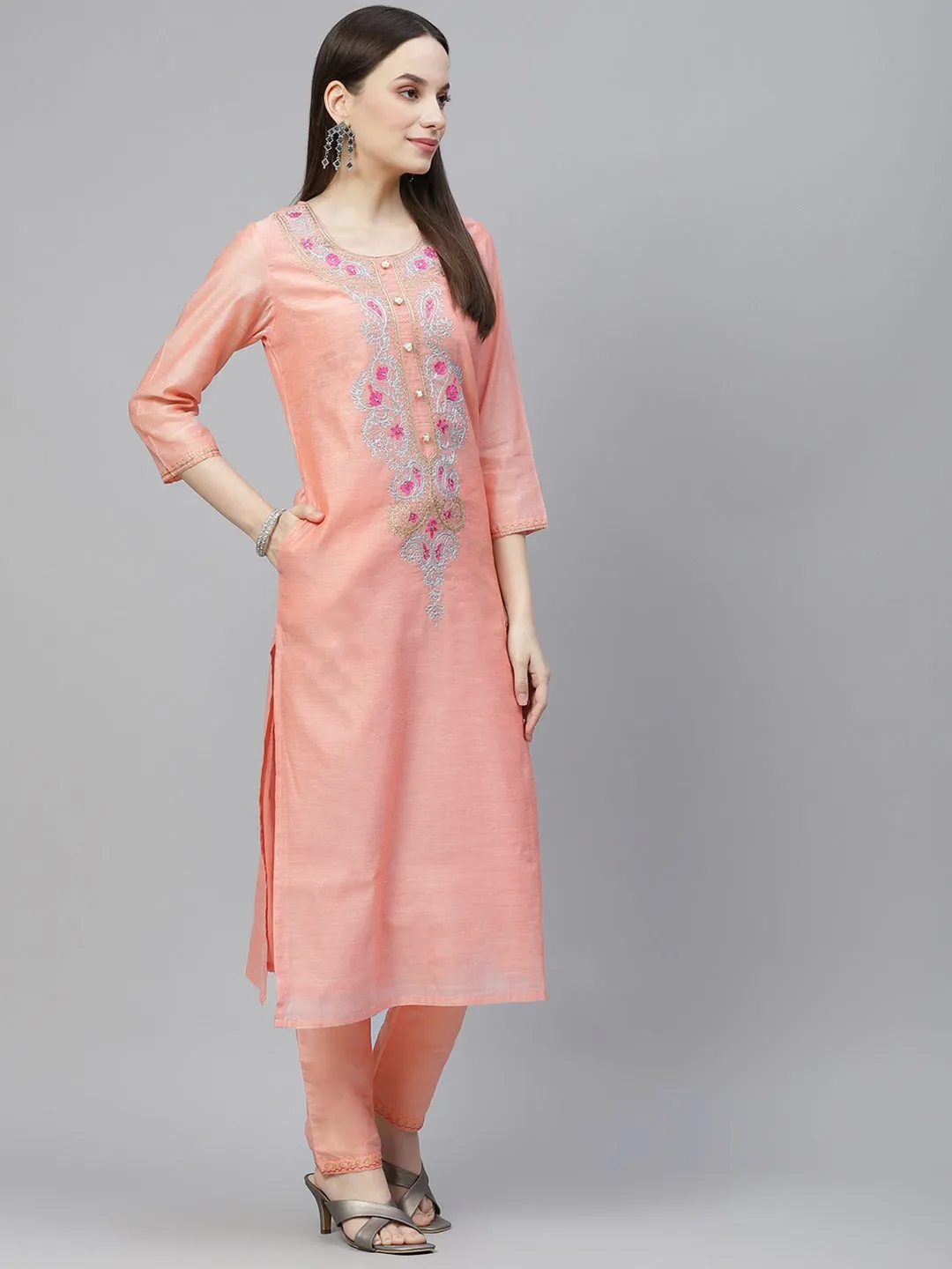 Women Peach-Coloured & Silver Yoke Design Kurta With Trousers & Dupatta