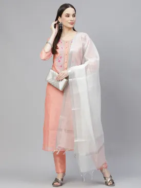 Women Peach-Coloured & Silver Yoke Design Kurta With Trousers & Dupatta