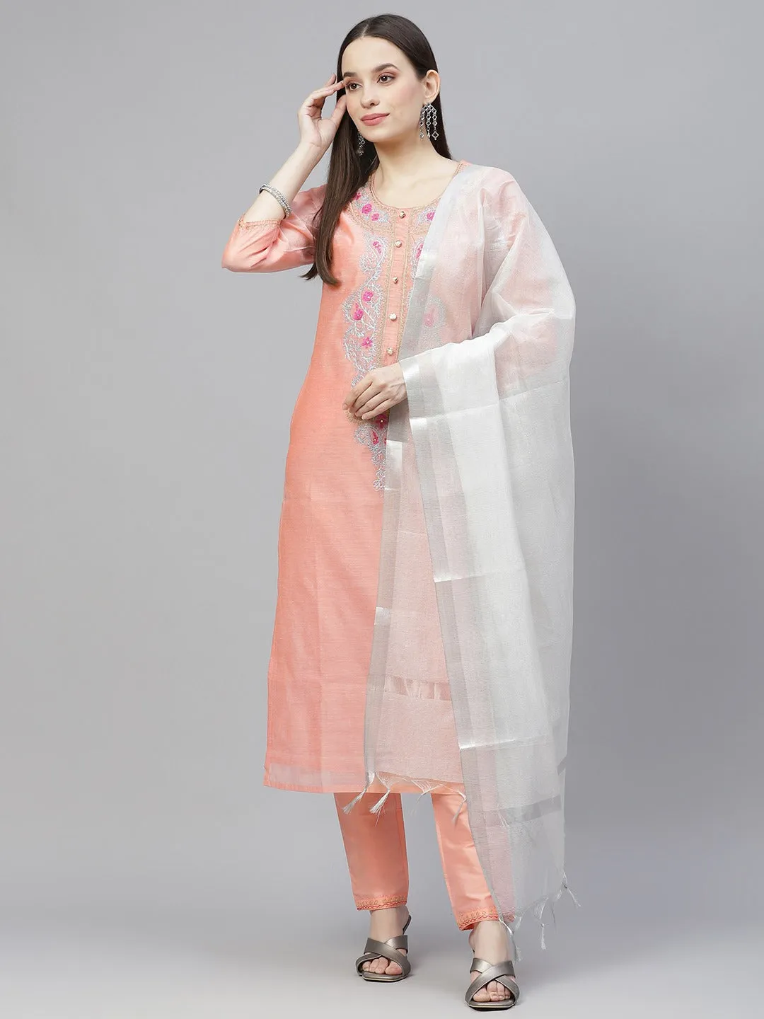 Women Peach-Coloured & Silver Yoke Design Kurta With Trousers & Dupatta