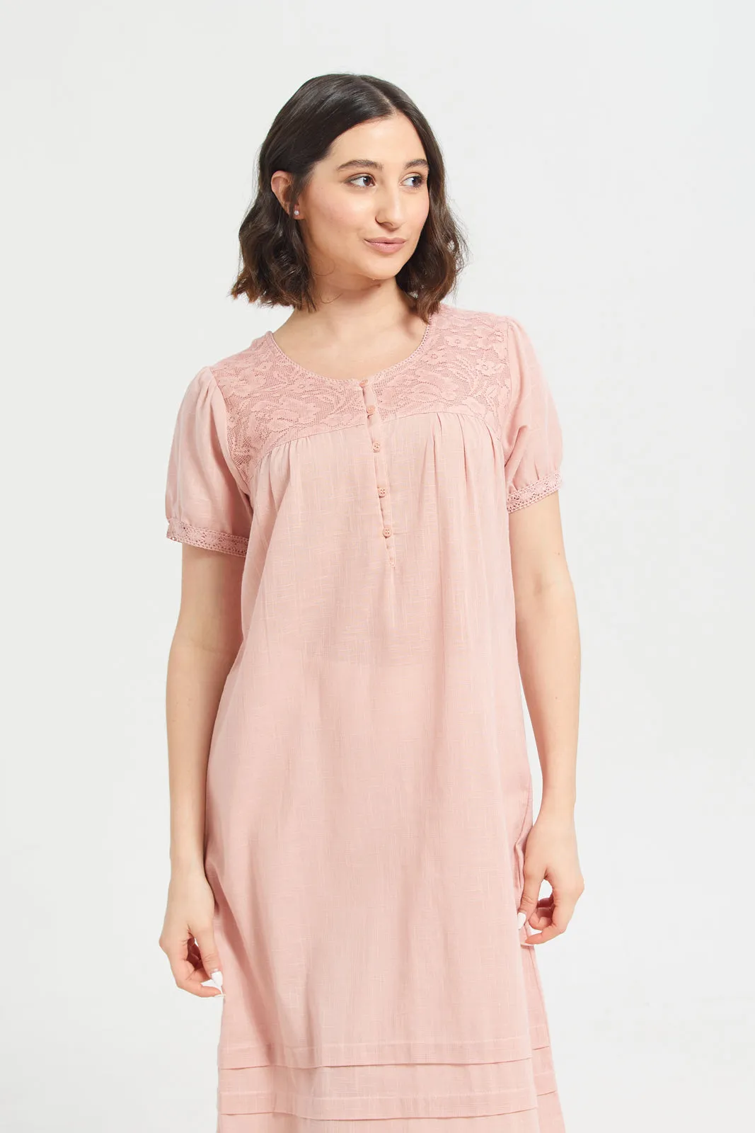 Women Pink Embroidered Lace Nightgown