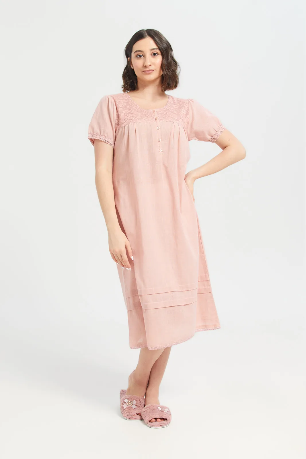 Women Pink Embroidered Lace Nightgown