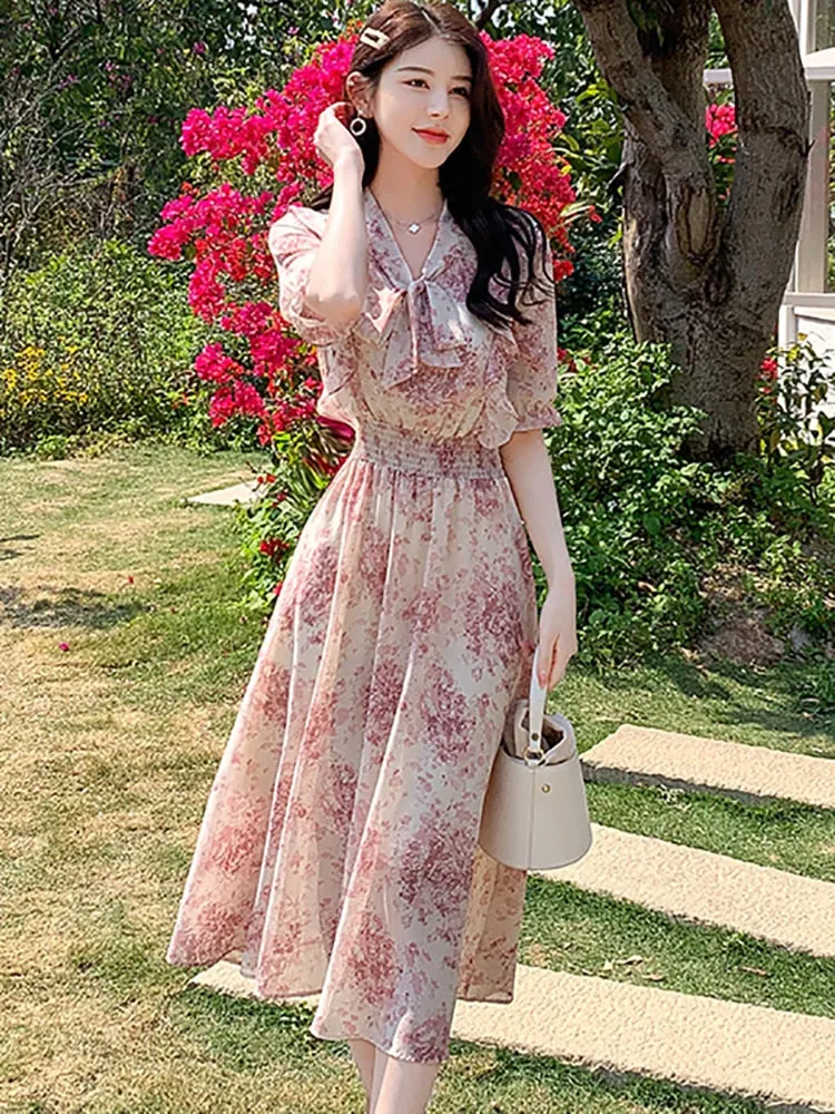 Women Pink Floral Chiffon Chic Ruffled Midi Dress Summer Fashion Short Sleeve Bow Collar Dress - WD8039