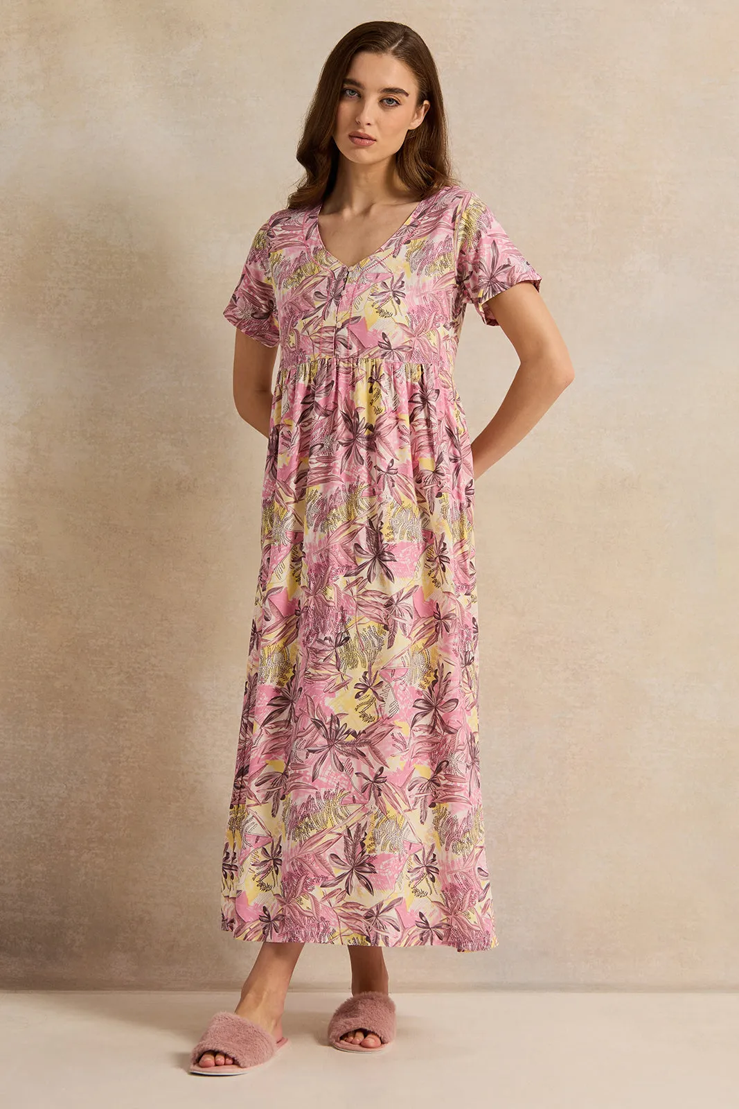 Women Pink Floral Printed Nightgown