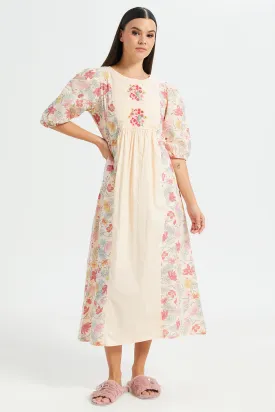 Women Pink Front Embroidery Print Nightgown