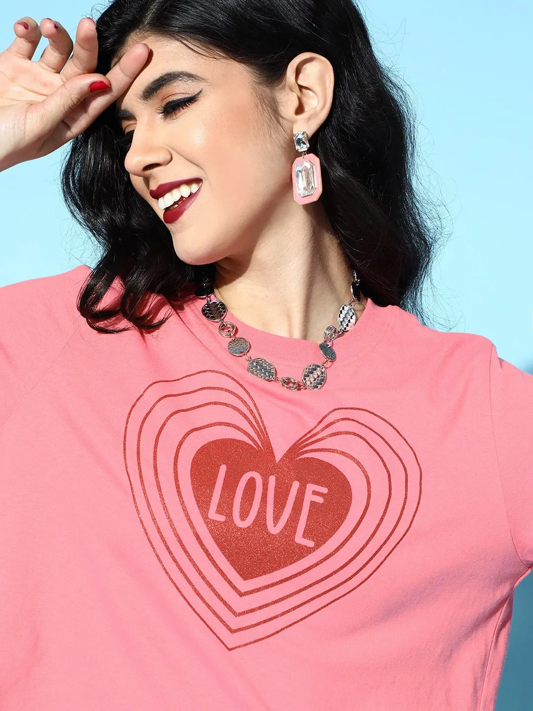 Women Pink With Red Glitter Heart Crop Boxy T-Shirt