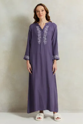 Women Purple Placket Embroidery Nightgown