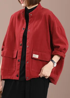 Women Red Pockets Patchwork Denim Jackets Spring