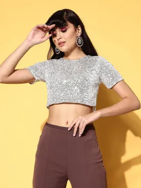 Women Silver Sequence Mesh Net Crop Top