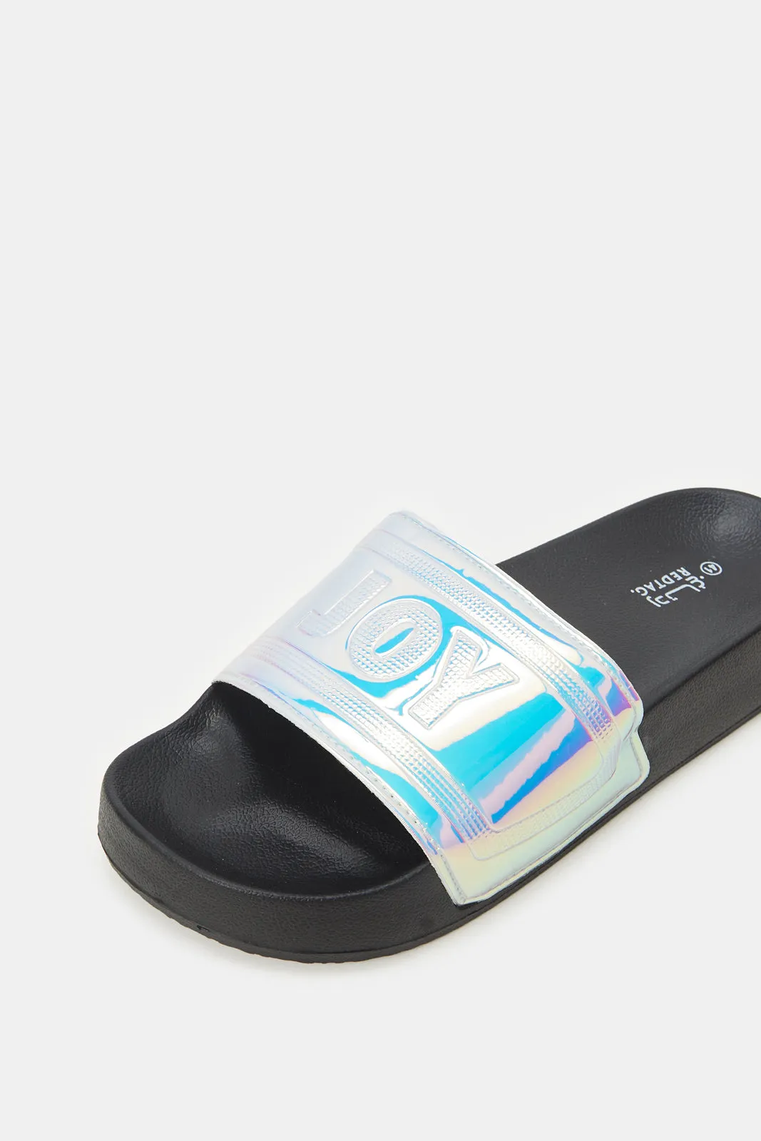 Women Sliver And Black Joy Embossed Slide