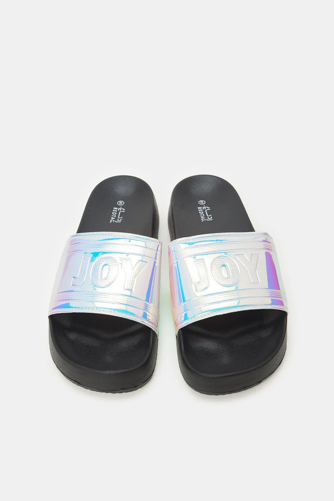 Women Sliver And Black Joy Embossed Slide