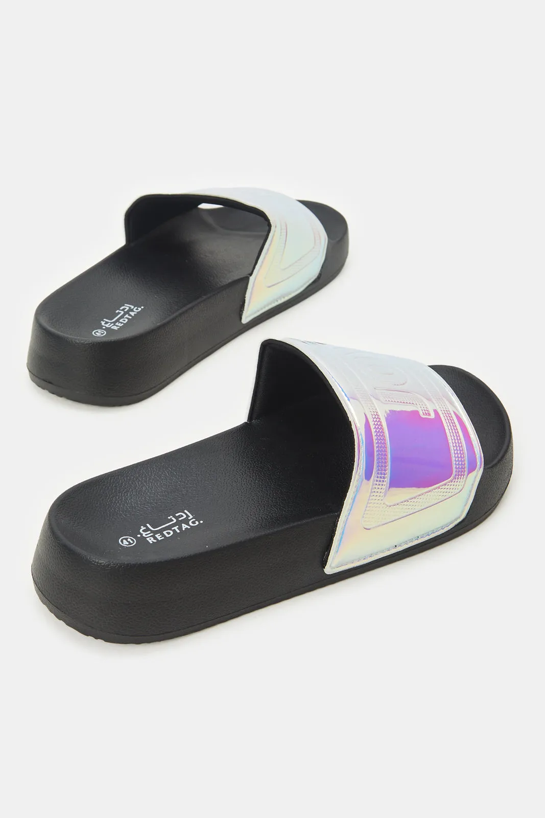 Women Sliver And Black Joy Embossed Slide