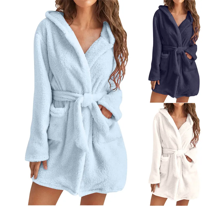 Women Solid Color Long Sleeve Warm Fleece Hooded Home Bathrobe