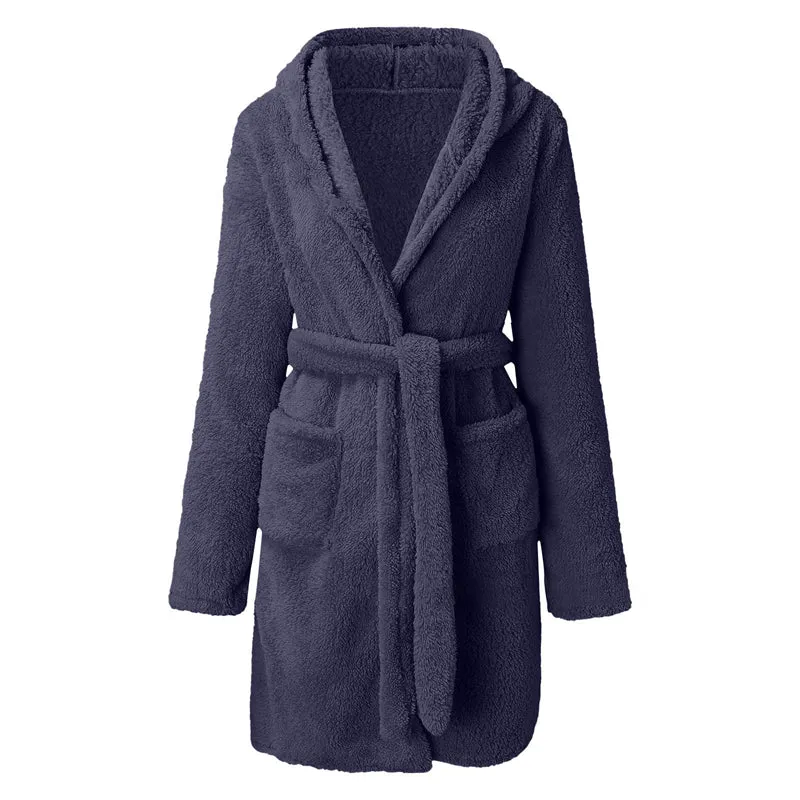 Women Solid Color Long Sleeve Warm Fleece Hooded Home Bathrobe