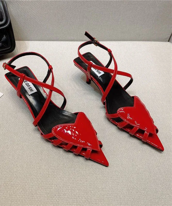 Women Splicing Heart Kitten Heels Sandals Red Faux Leather Pointed Toe