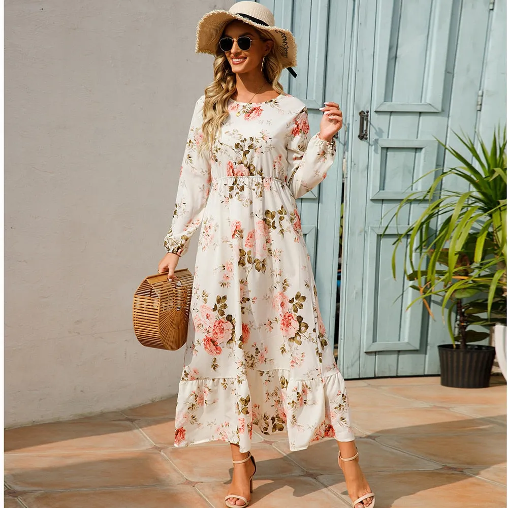 Women Spring Winter Maxi Long Sleeve High Waist Floral Printed Dress - WD8004