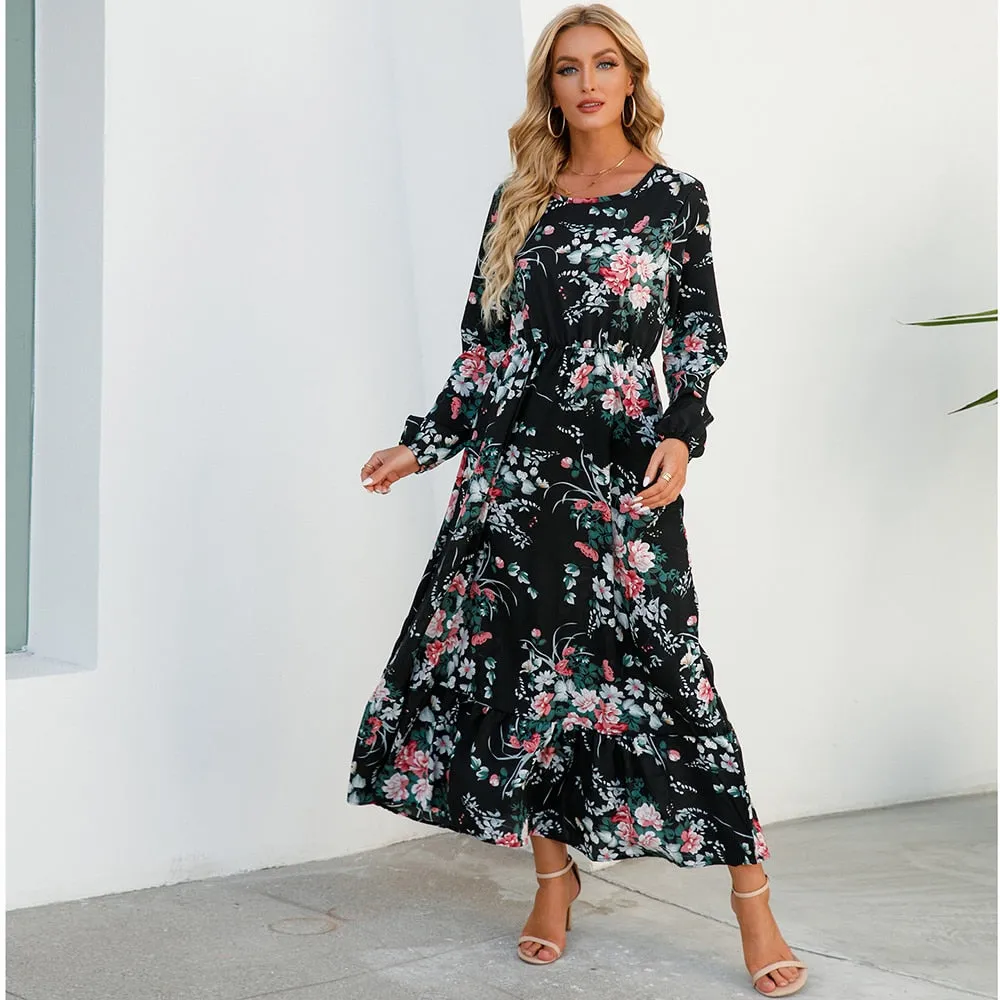 Women Spring Winter Maxi Long Sleeve High Waist Floral Printed Dress - WD8004