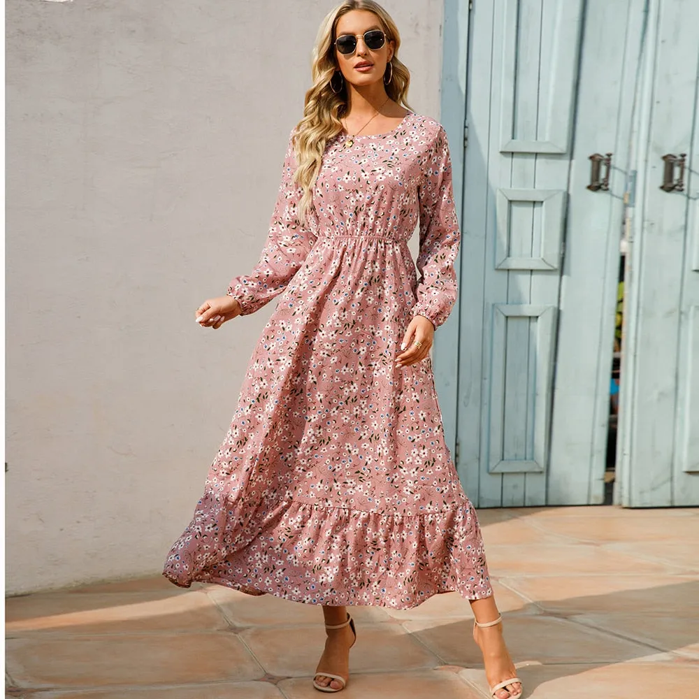 Women Spring Winter Maxi Long Sleeve High Waist Floral Printed Dress - WD8004