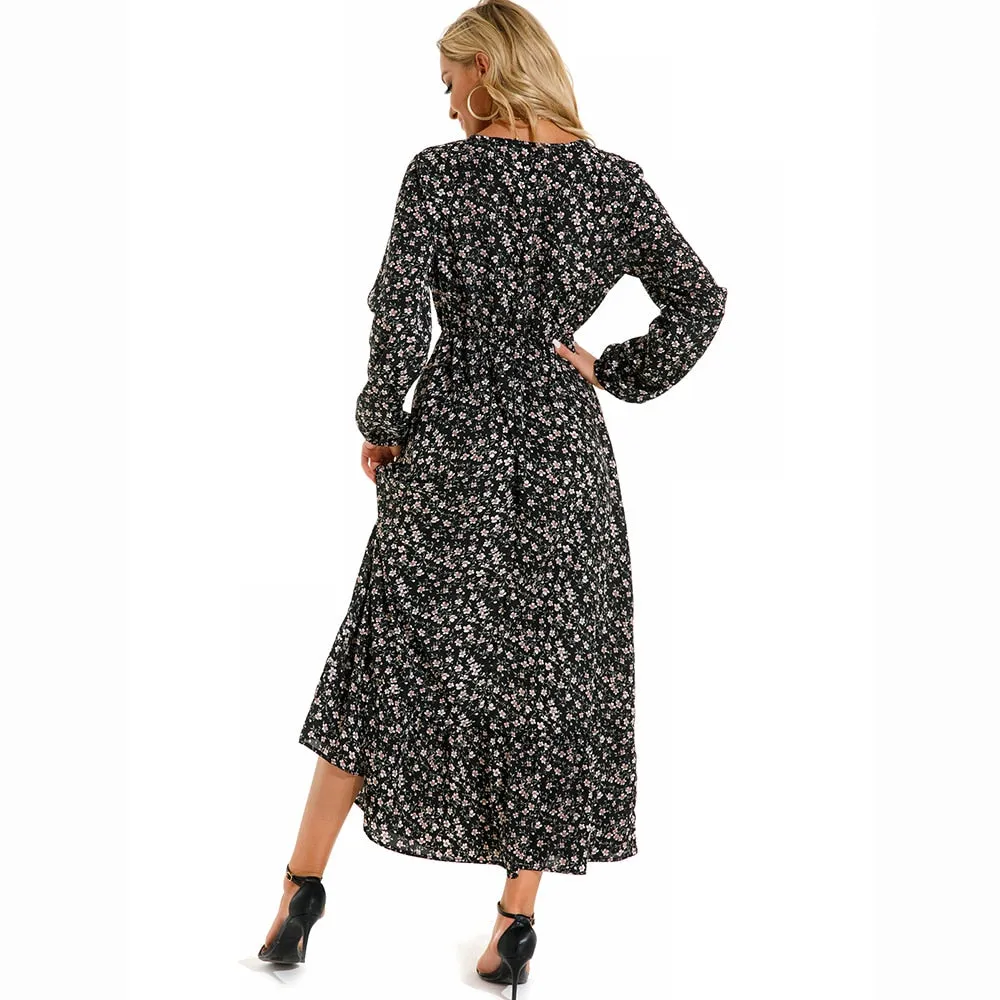 Women Spring Winter Maxi Long Sleeve High Waist Floral Printed Dress - WD8004