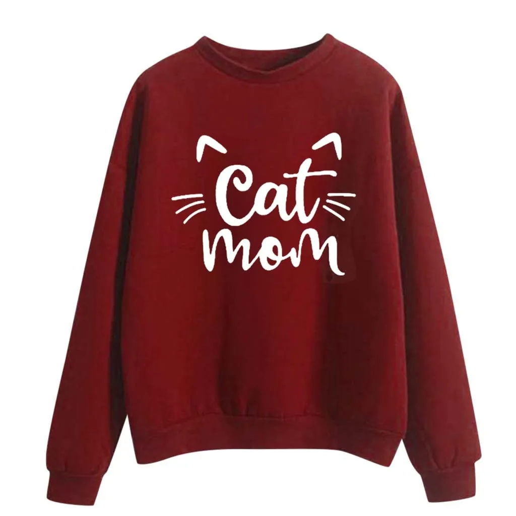 Women Sweatshirt Cat mom letter Printed Hoodie Long Sleeve Pullover Jumper