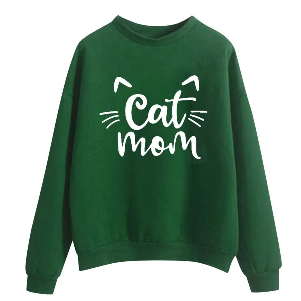 Women Sweatshirt Cat mom letter Printed Hoodie Long Sleeve Pullover Jumper