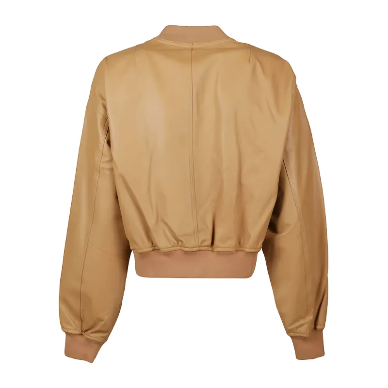 Women Tan Brown Bomber Leather Jacket